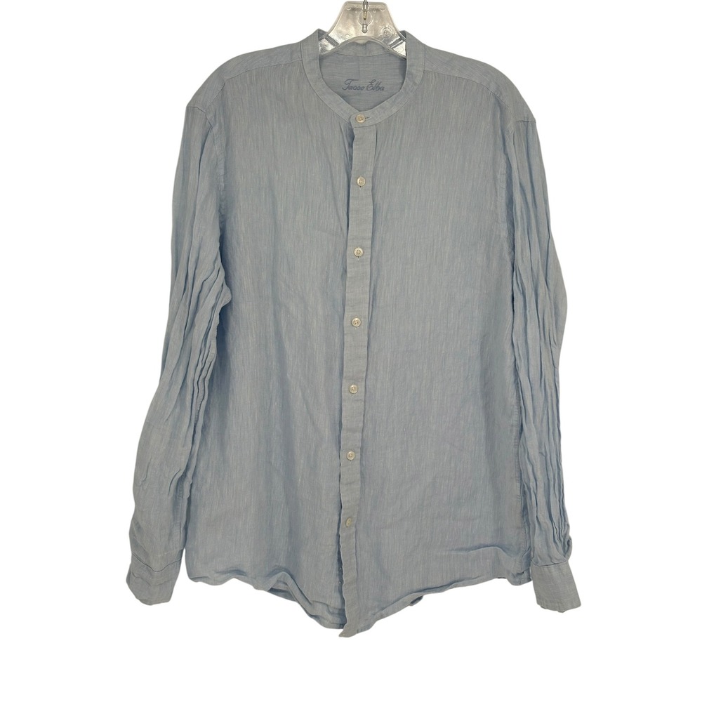 Tasso Elba Button Down Shirt Light Blue 100% Linen Band Collar L 16-16.5